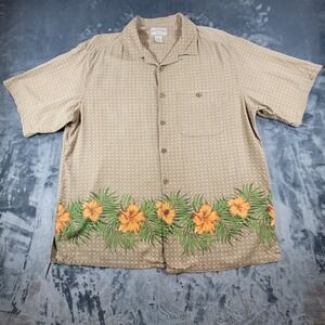 Boca Classics Island Wear Mens Large 100% Silk Tropical Floral Camp Shirt Tan
